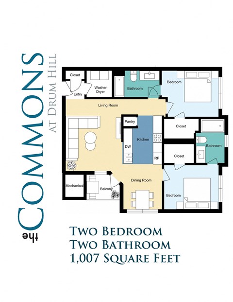 Two Bedroom Two Bathroom Floor Plan Image 1007 SqFt